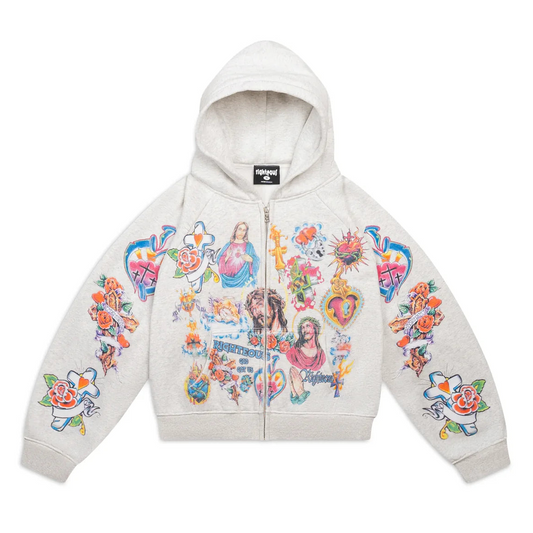 We Are Righteous Risen King Cropped Zip-Up Hoodie Grey