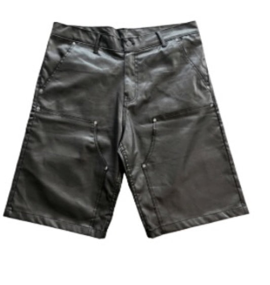 Abstract Double Knee Leather Shorts