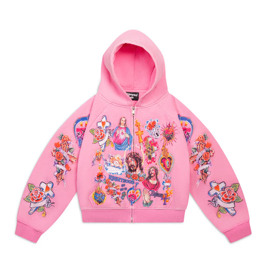 We Are Righteous Risen King Cropped Zip-Up Hoodie Pink