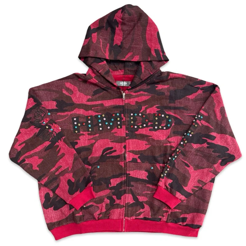 HAPPY MEMORIES DON'T DIE (HMDD) CHIMSTONE CRYSTAL ZIP UP HOODIE RED CAMO