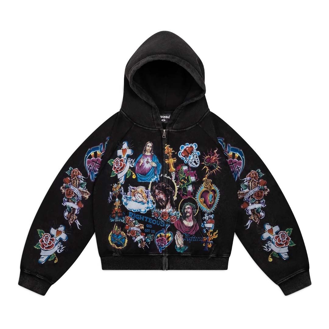 Righteous Risen King Cropped Zip Up Hoodie Black